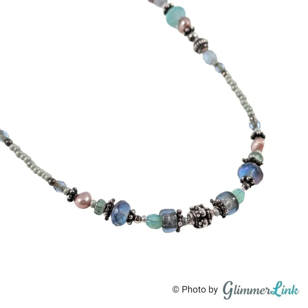 Sterling Multicolor Pastel Glass Pink Pearl Seed Bead Necklace